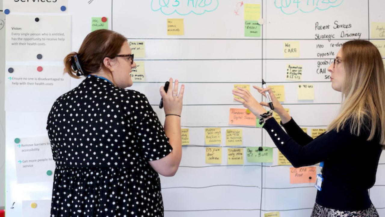 Women at board discussing work