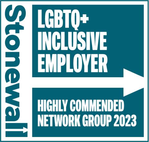 Stonewall logo with arrow going to the right which reads LGBTQ+ Inclusive Employer Highly Commended Network Group 2023
