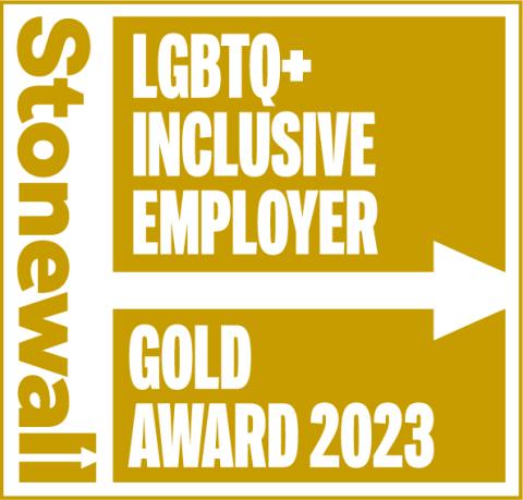 Image shows Stonewall log and arrow which reads LGBTQ+ Inclusive Employer Gold Award 2023
