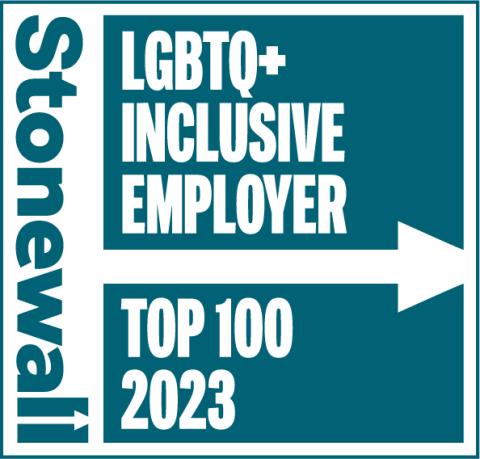 Stonewall logo with arrow going to the right which reads LGBTQ+ Inclusive Employer Top 100 2023